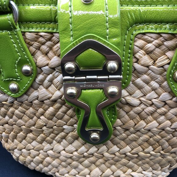 Michael Kors Straw and Green Leather Tote Bag w/Gold Color Hardware Excellent - Picture 3 of 15